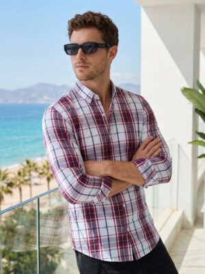Red & White Check Button Down Casual Shirt (CSC-432)