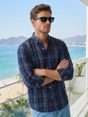 Navy Blue Check Button Down Casual Shirt (CSC-434)