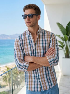 Green & White Check Button Down Casual Shirt (CSC-436)