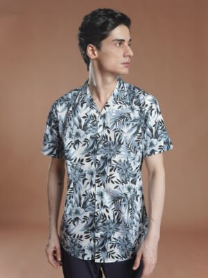 White & Black Printed Resort Collar Shirt (CSP-312)