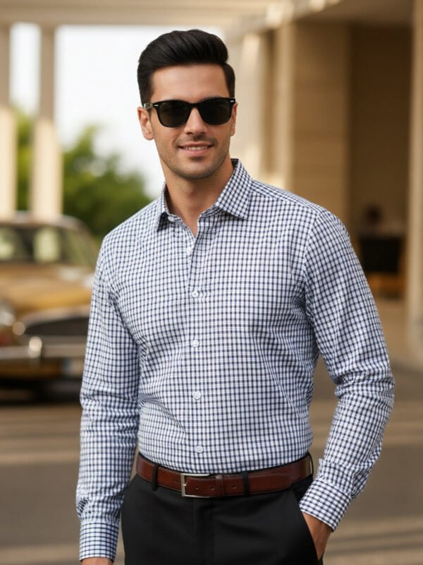 White & Navy Checkered, Elite Edition, Cutaway Collar Men’s Formal Shirt (FS-2612)