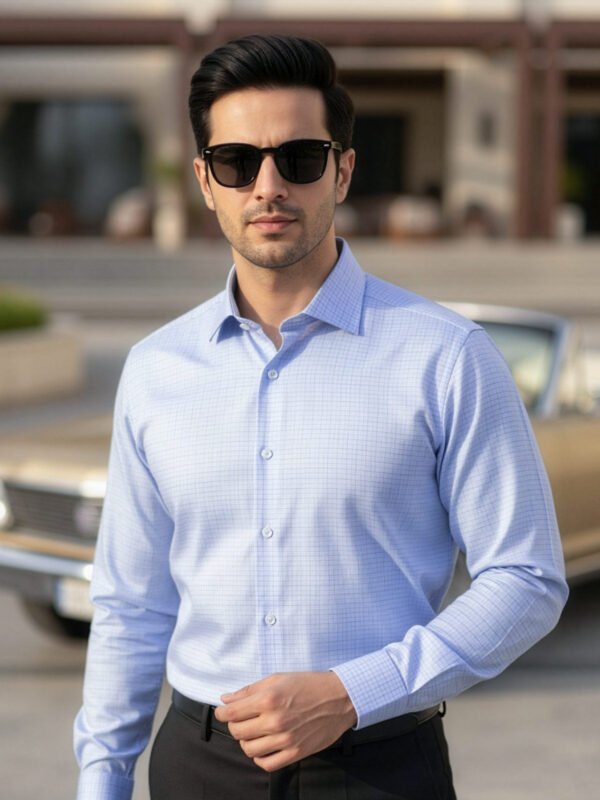 FS2628-3.jpg White & Blue Checkered, Elite Edition, Cutaway Collar Men’s Formal Shirt (FS-2628)