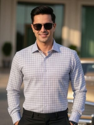 White & Grey Checkered, Elite Edition, Cutaway Collar Men’s Formal Shirt (FS-2629)