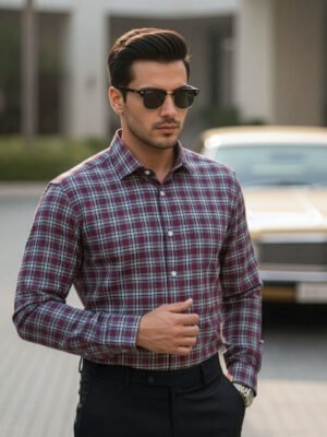Maroon & Blue Checkered, Elite Edition, Cutaway Collar Men’s Formal Shirt (FS-2630)