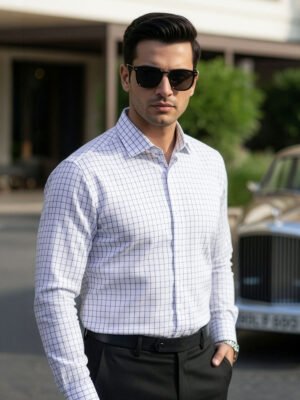 White & Blue Checkered, Elite Edition, Cutaway Collar Men’s Formal Shirt (FS-2631)