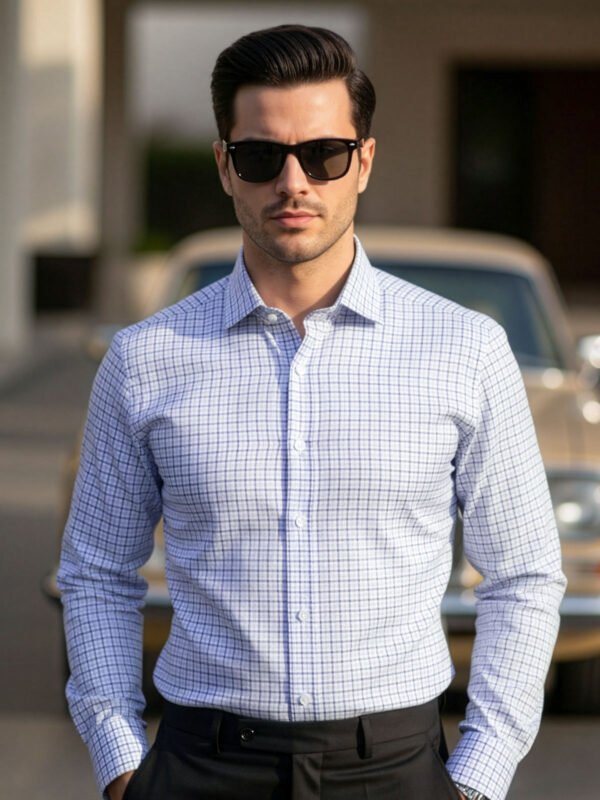 FS2633-3.jpg White & Blue Checkered, Elite Edition, Cutaway Collar Men’s Formal Shirt (FS-2633)