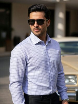 White & Blue Checkered, Elite Edition, Cutaway Collar Men’s Formal Shirt (FS-2637)