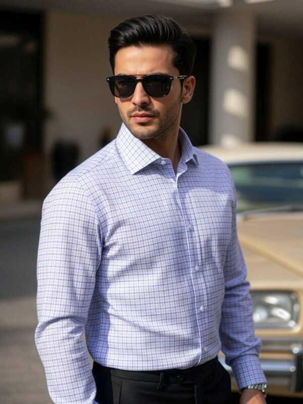 FS2637-3.jpg White & Blue Checkered, Elite Edition, Cutaway Collar Men’s Formal Shirt (FS-2637)