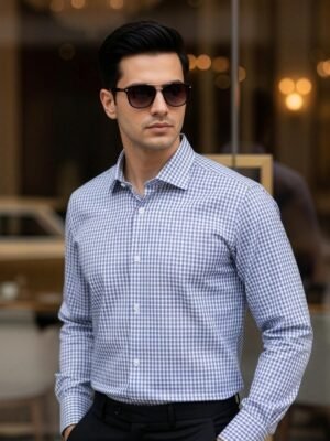 White & Teal Checkered, Elite Edition, Cutaway Collar Men’s Formal Shirt (FS-2659)