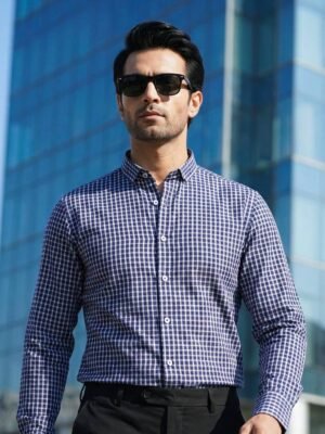 Navy Blue Checkered, Elite Edition, Cutaway Collar Men’s Formal Shirt (FS-2686)