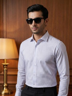 Grey & White Striped, Elite Edition, Cutaway Collar Men’s Formal Shirt (FS-2762)