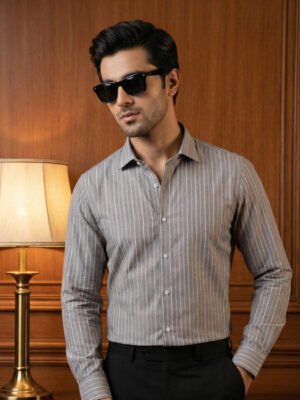 Grey & White Striped, Elite Edition, Cutaway Collar Men’s Formal Shirt (FS-2770)