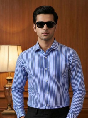 Dark Blue & White Striped, Elite Edition, Cutaway Collar Men’s Formal Shirt (FS-2771)