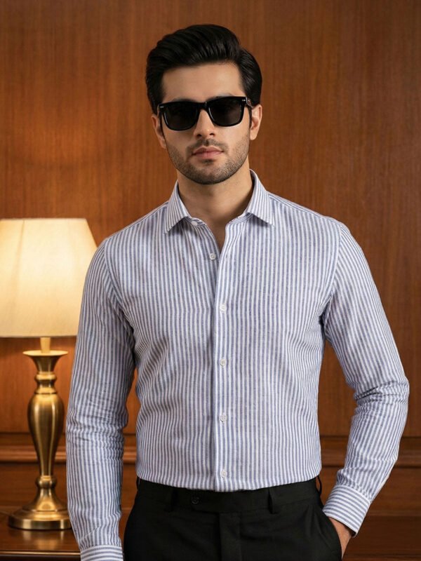 Navy Blue & White Striped, Elite Edition, Cutaway Collar Men’s Formal Shirt (FS-2774)