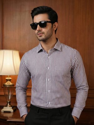 Brown & White Striped, Elite Edition, Cutaway Collar Men’s Formal Shirt (FS-2778)