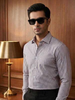 White & Brown Striped, Elite Edition, Cutaway Collar Men’s Formal Shirt (FS-2791)