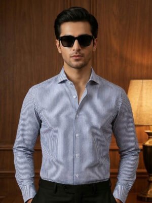 White & Dark Blue Striped, Elite Edition, Cutaway Collar Men’s Formal Shirt (FS-2797)