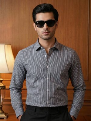 Black & White Striped, Elite Edition, Cutaway Collar Men’s Formal Shirt (FS-2901)