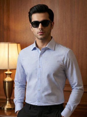 White & Blue Striped, Elite Edition, Cutaway Collar Men’s Formal Shirt (FS-2910)