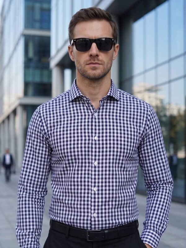White & Navy Checkered, Elite Edition, Cutaway Collar Men’s Formal Shirt (FS-2920)
