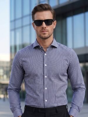 White & Blue Checkered, Elite Edition, Cutaway Collar Men’s Formal Shirt (FS-2922)