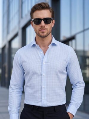 White & Blue Checkered, Elite Edition, Cutaway Collar Men’s Formal Shirt (FS-2924)