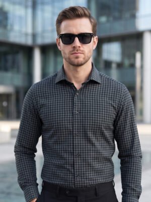 Black & Green Checkered, Elite Edition, Cutaway Collar Men’s Formal Shirt (FS-2959)