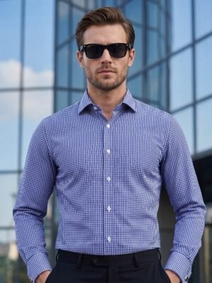 White & Blue Checkered, Elite Edition, Cutaway Collar Men’s Formal Shirt (FS-2966)