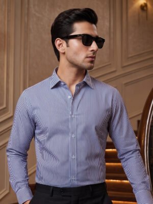 Blue & White Striped, Elite Edition, Cutaway Collar Men’s Formal Shirt (FS-2969)