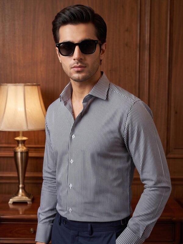 Grey & White Striped, Elite Edition, Cutaway Collar Men’s Formal Shirt (FS-2970)