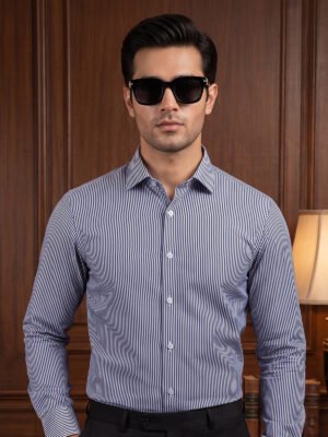 Dark Blue & White Striped, Elite Edition, Cutaway Collar Men’s Formal Shirt (FS-2973)