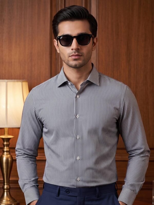 Grey & White Striped, Elite Edition, Cutaway Collar Men’s Formal Shirt (FS-2975)