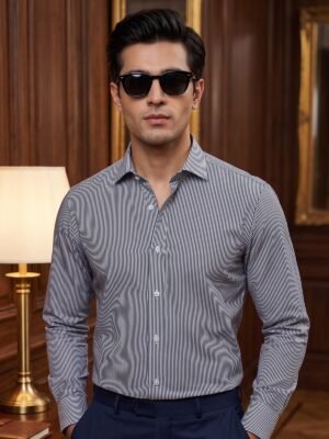 Grey & White Striped, Elite Edition, Cutaway Collar Men’s Formal Shirt (FS-2977)