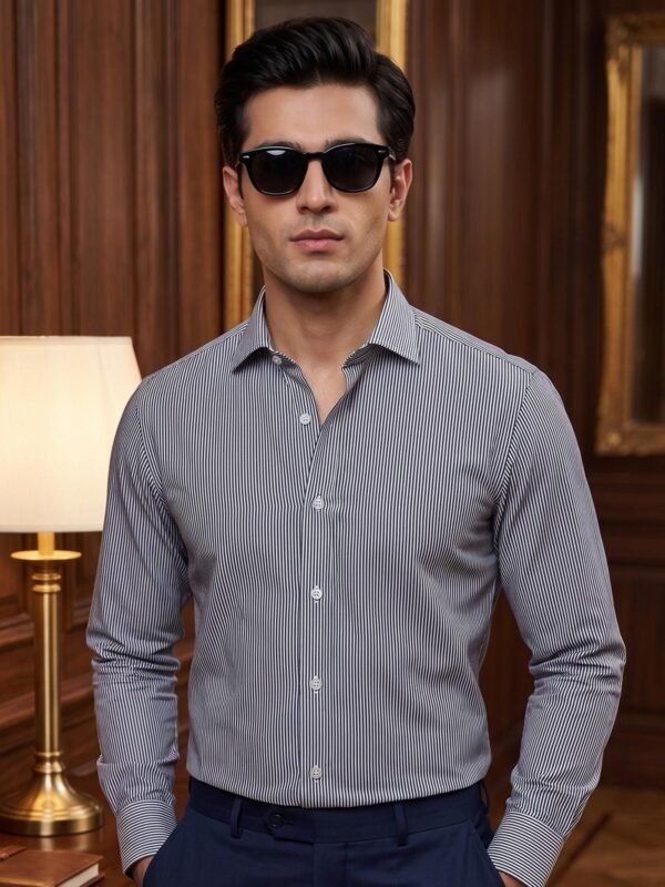 Grey & White Striped, Elite Edition, Cutaway Collar Men’s Formal Shirt (FS-2977)