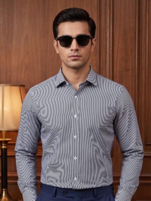 Grey & White Striped, Elite Edition, Cutaway Collar Men’s Formal Shirt (FS-2978)