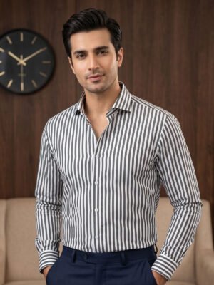 Green & White Striped, Elite Edition, Cutaway Collar Men’s Formal Shirt (FS-2986)