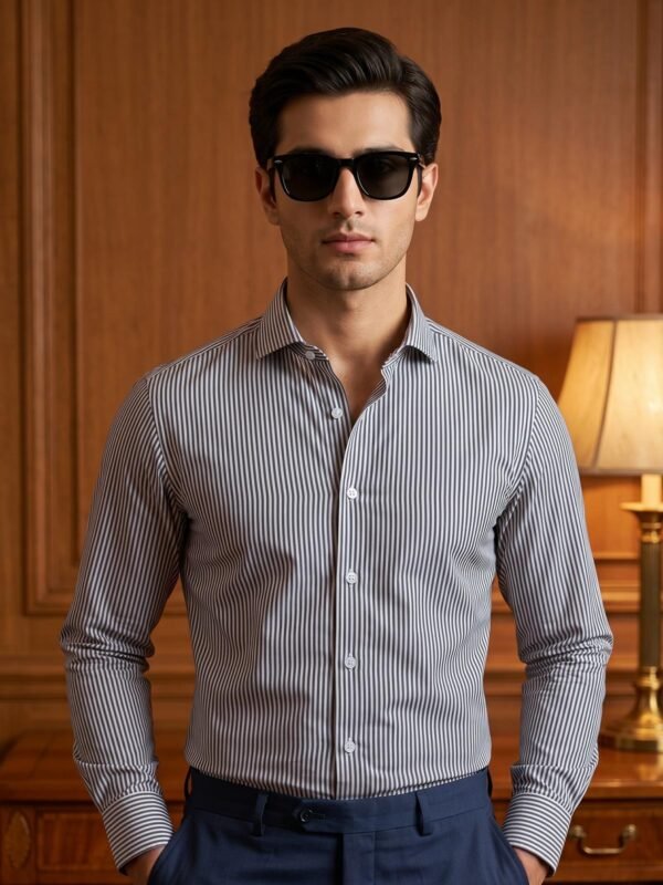 Grey & White Striped, Elite Edition, Cutaway Collar Men’s Formal Shirt (FS-2988)