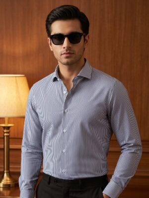 Blue & White Striped, Elite Edition, Cutaway Collar Men’s Formal Shirt (FS-2989)