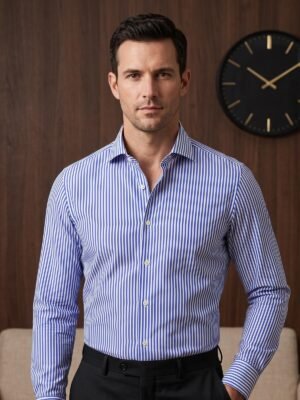 Blue & White Striped, Elite Edition, Cutaway Collar Men’s Formal Shirt (FS-2996)
