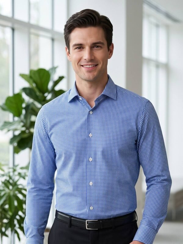 Blue & White Checkered, Elite Edition, Cutaway Collar Men’s Formal Shirt (FS-2997)