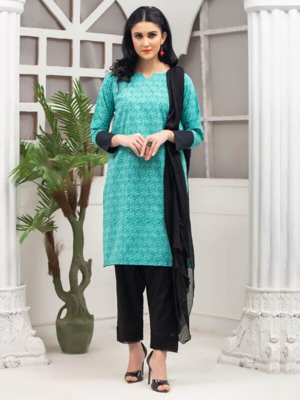 Teal Block Printed Cambric Womens Kurti (GFKU-2124)