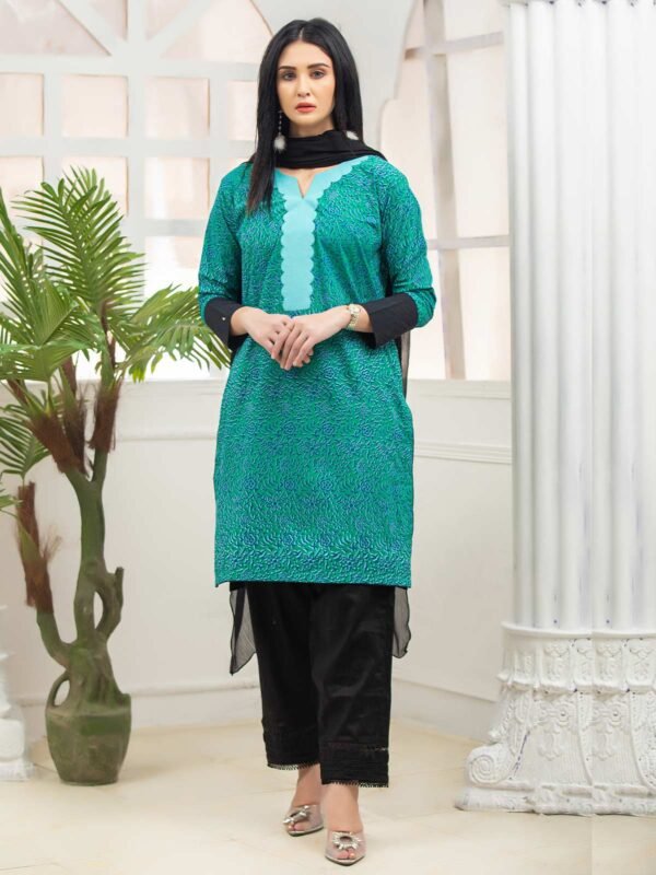 Teal Block Printed Cambric Womens Kurti (GFKU-2125)