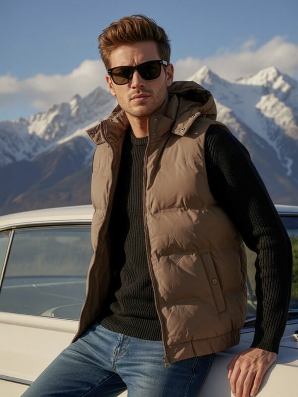 Beige Imported Sleeveless Hooded Puffer (PJ-061)