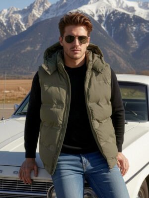Olive Imported Sleeveless Hooded Puffer (PJ-063)