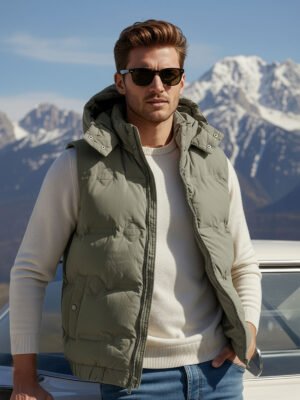Olive Imported Sleeveless Hooded Puffer (PJ-065)