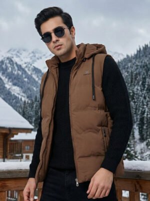 Light Brown Imported Sleeveless Hooded Puffer (PJ-117)