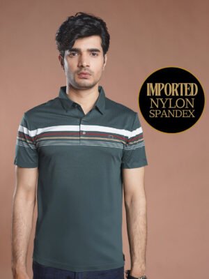 Dark Teal Nylon Spandex Striped Polo Shirt (POLO-1048)