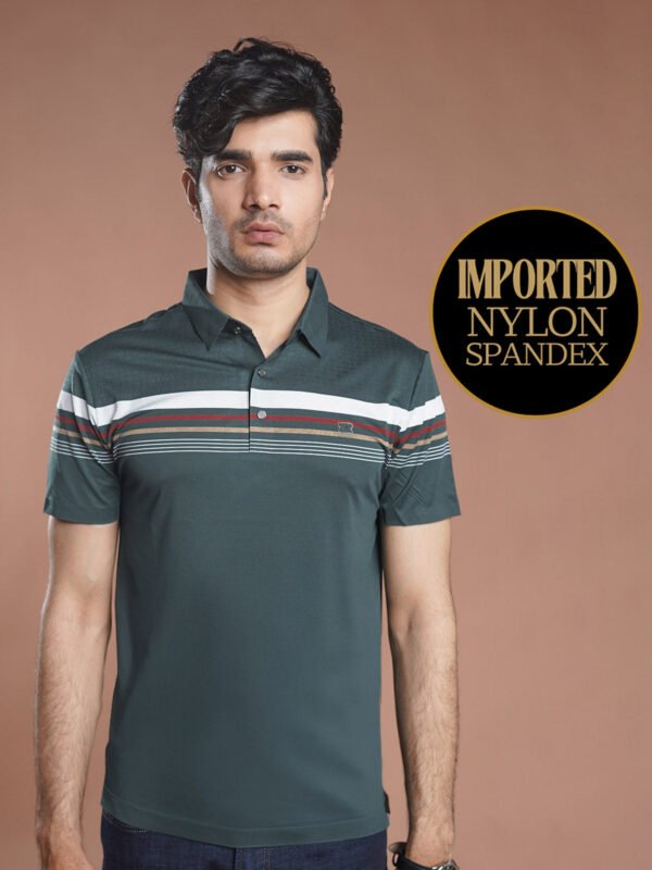 Dark Teal Nylon Spandex Striped Polo Shirt (POLO-1048)