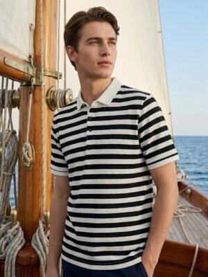 Black & Fawn Striped Knitted Polo T-Shirt (POLO-1125)