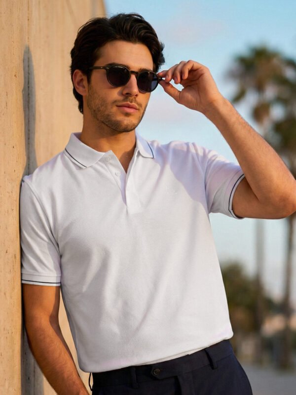 White Plain Contrast Tipping Half Sleeves Polo T-Shirt (POLO-1159)